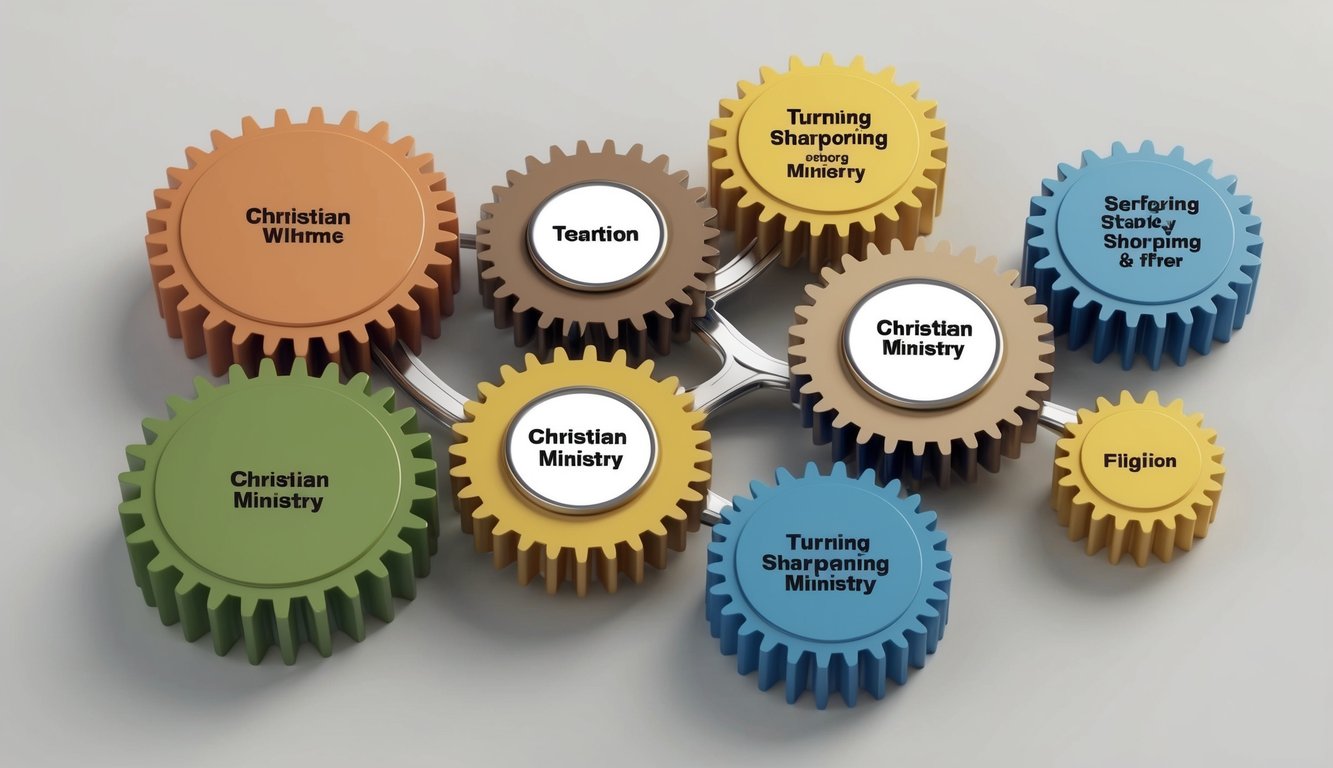 A group of interconnected gears, each labeled with a different aspect of Christian ministry, turning and sharpening each other