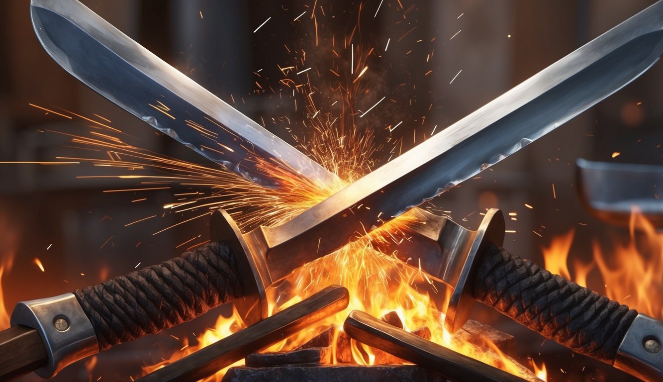 Two swords clashing in a fiery forge, sparks flying as they sharpen each other