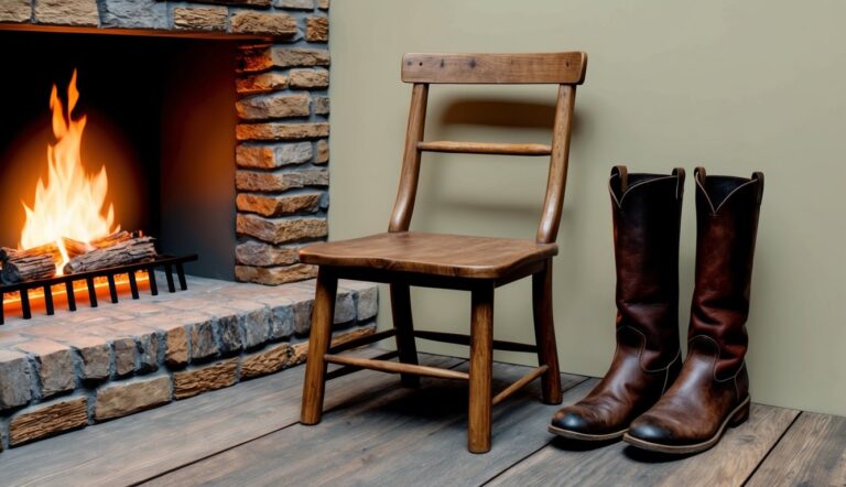 Wooden chair and cowboy boots near a lit fireplace