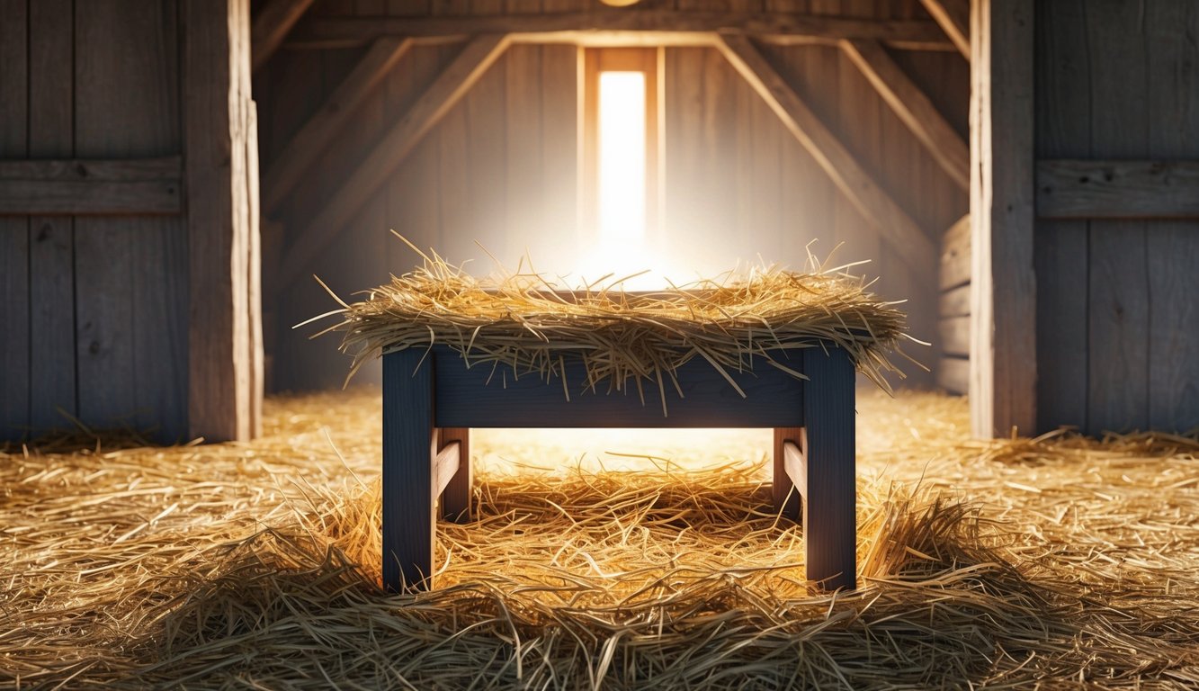 A simple wooden manger surrounded by straw, set against the backdrop of a rustic stable with a soft glow of light emanating from within