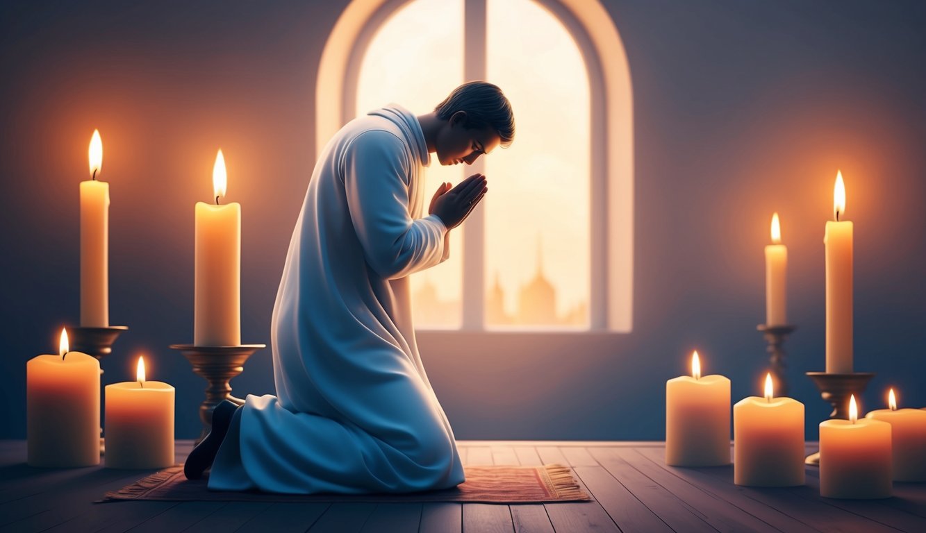 A solitary figure kneels in prayer, surrounded by flickering candles and a peaceful atmosphere