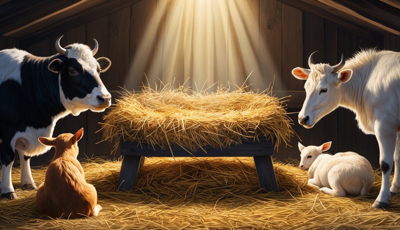 A humble manger filled with straw, surrounded by animals, bathed in a soft light