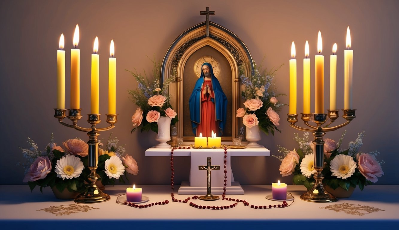 A candlelit altar with nine lit candles, a rosary, and a religious image surrounded by flowers and incense