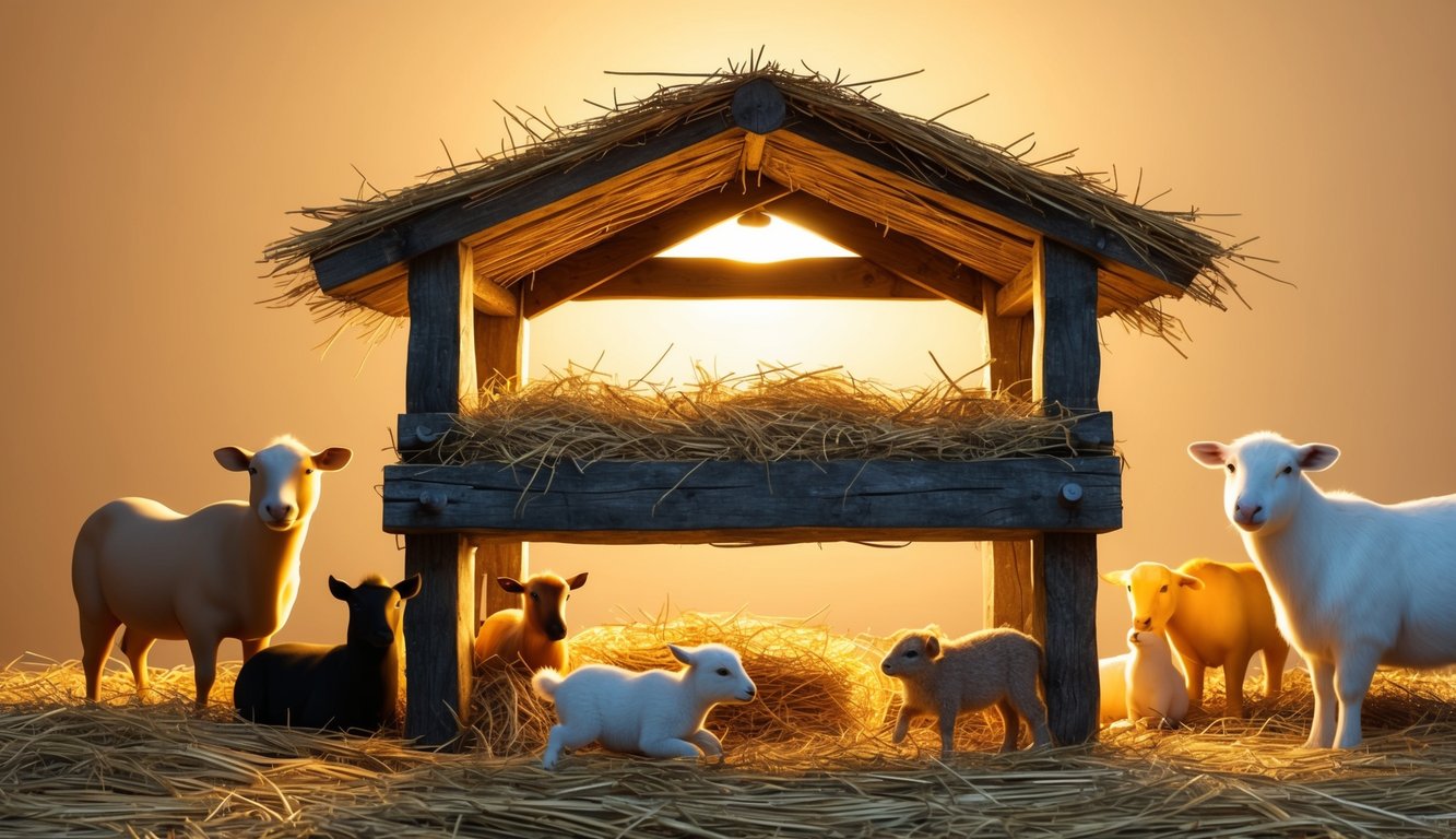 A rustic wooden manger filled with straw, surrounded by animals and softly lit by a warm, golden glow