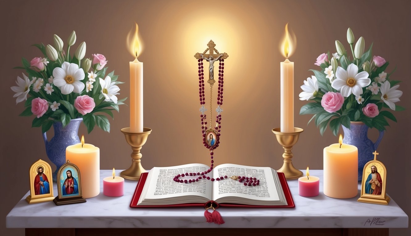 A serene candle-lit altar with a rosary draped over a prayer book, surrounded by flowers and religious icons