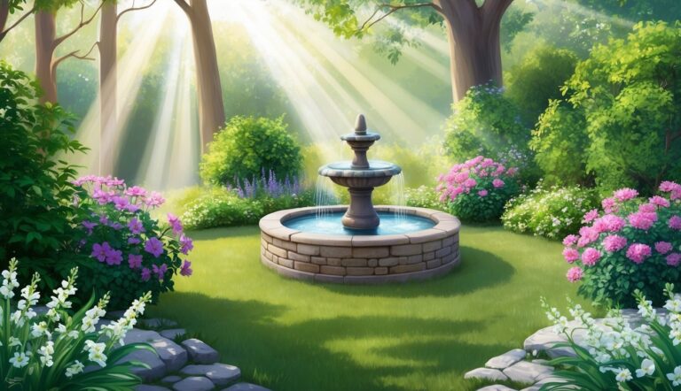 Stone fountain in a lush garden with flowers and sunlight