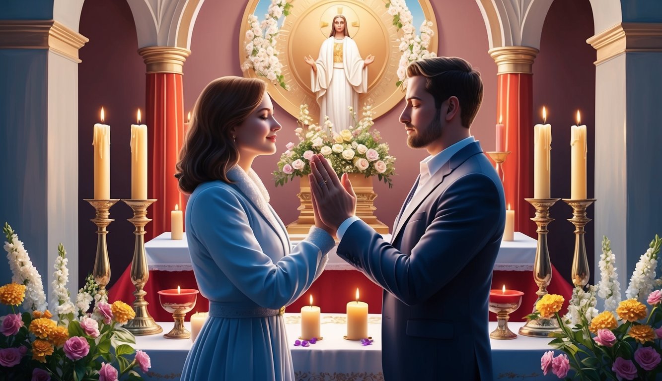 A couple standing before a sacred altar, surrounded by candles and flowers, praying together with a sense of devotion and hope