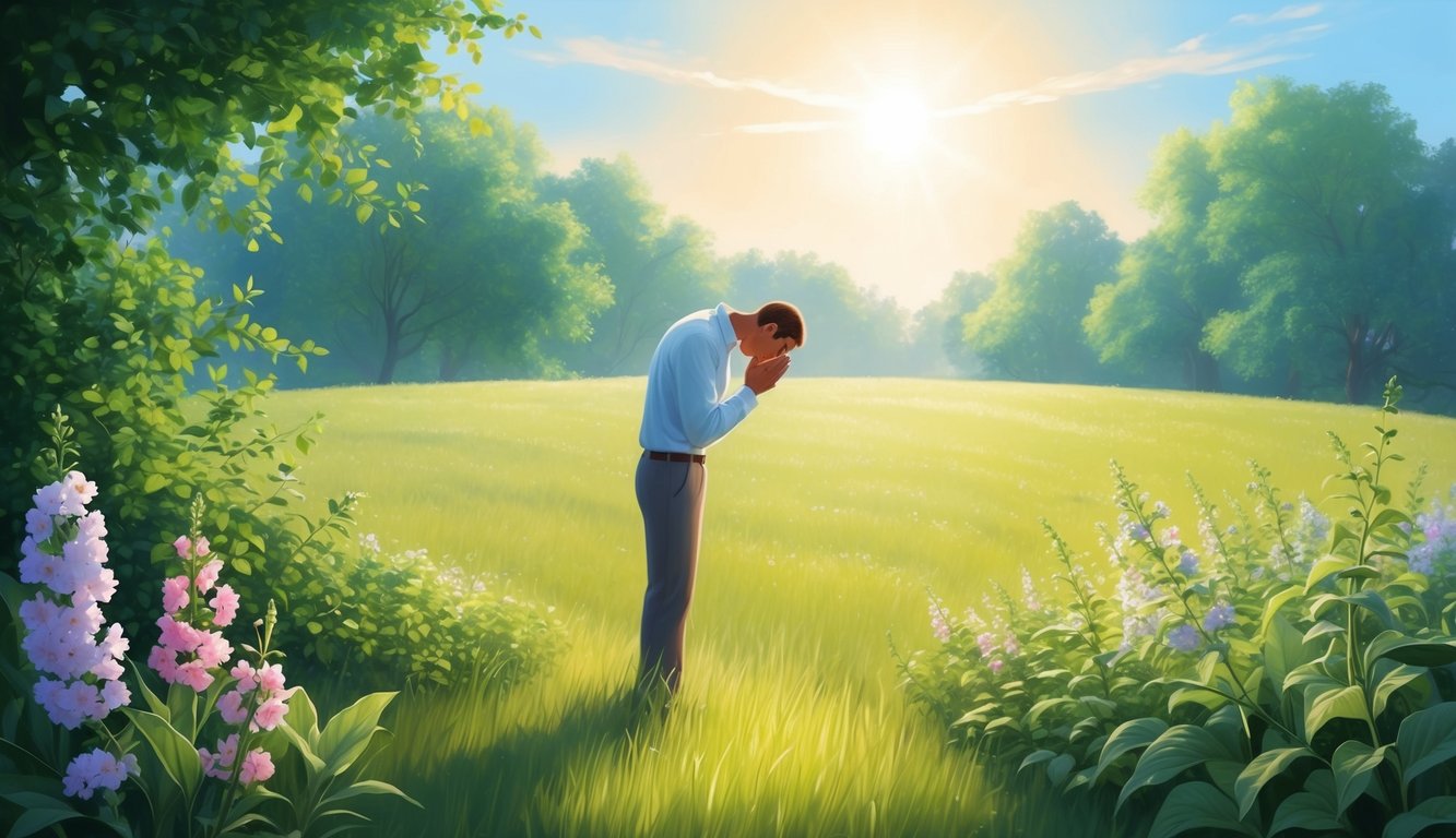 A solitary figure stands in a sunlit field, head bowed in prayer, surrounded by lush greenery and blooming flowers.</p><p>A sense of tranquility and spiritual connection permeates the scene