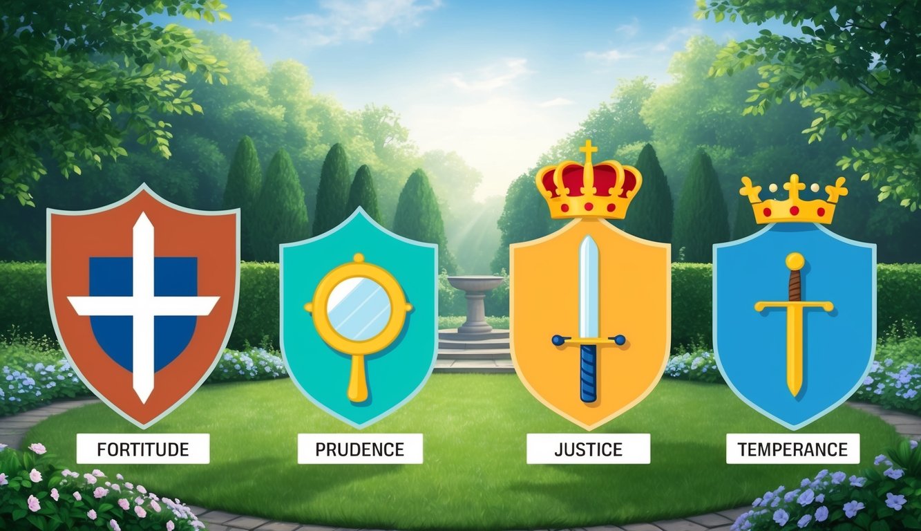 A serene garden with four symbolic objects representing the Cardinal Virtues - a shield for Fortitude, a mirror for Prudence, a sword for Justice, and a crown for Temperance