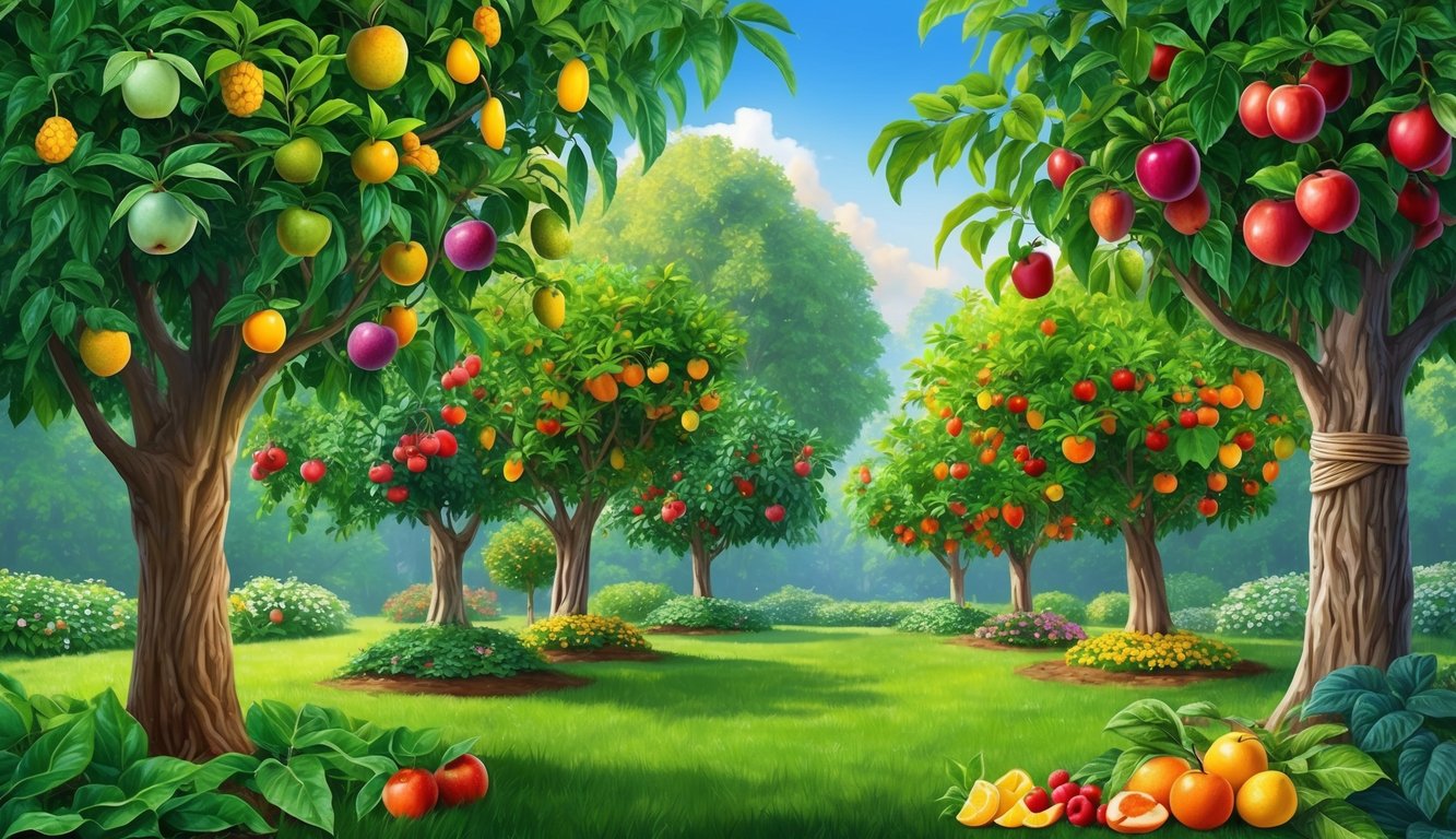 A lush garden with various fruits growing on vibrant, healthy trees, surrounded by a peaceful and serene atmosphere