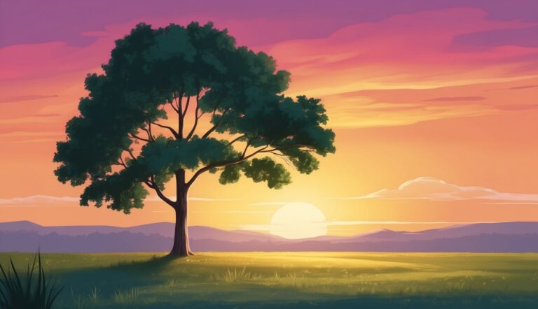 Tree in a field with sunset sky and mountains in the background