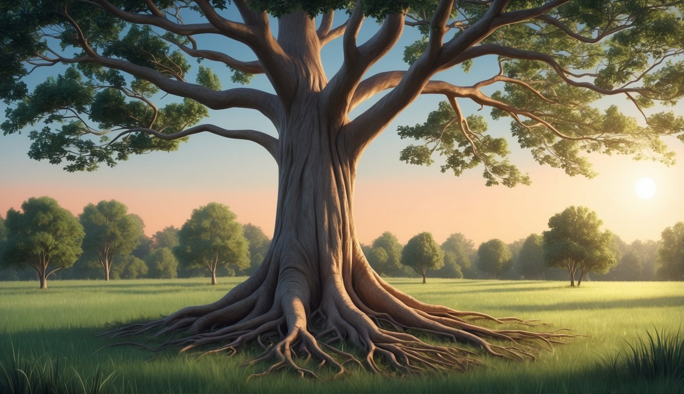 A strong tree with deep roots and spreading branches, standing tall in a peaceful, sunlit clearing