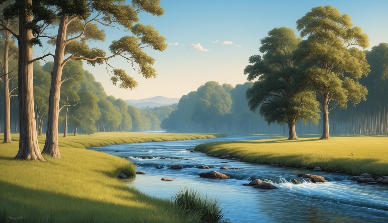 A serene landscape with a flowing river, tall trees, and a clear sky, evoking a sense of peace and tranquility