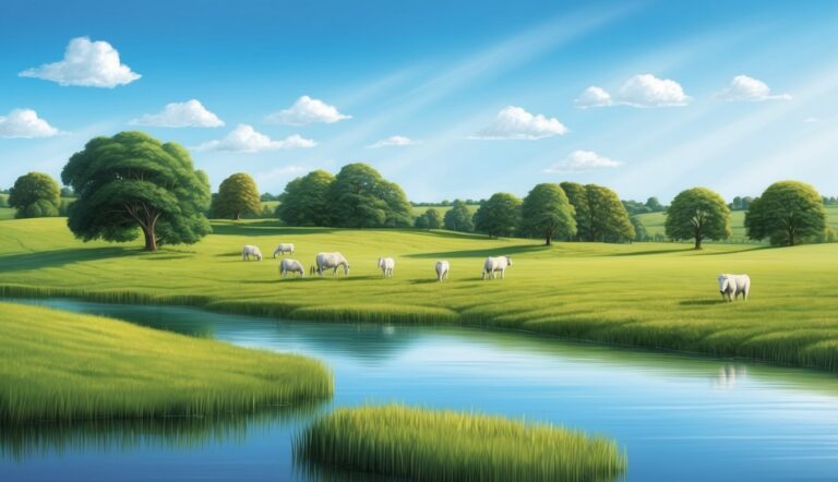 Pastoral landscape with sheep grazing in a green field, river, and trees