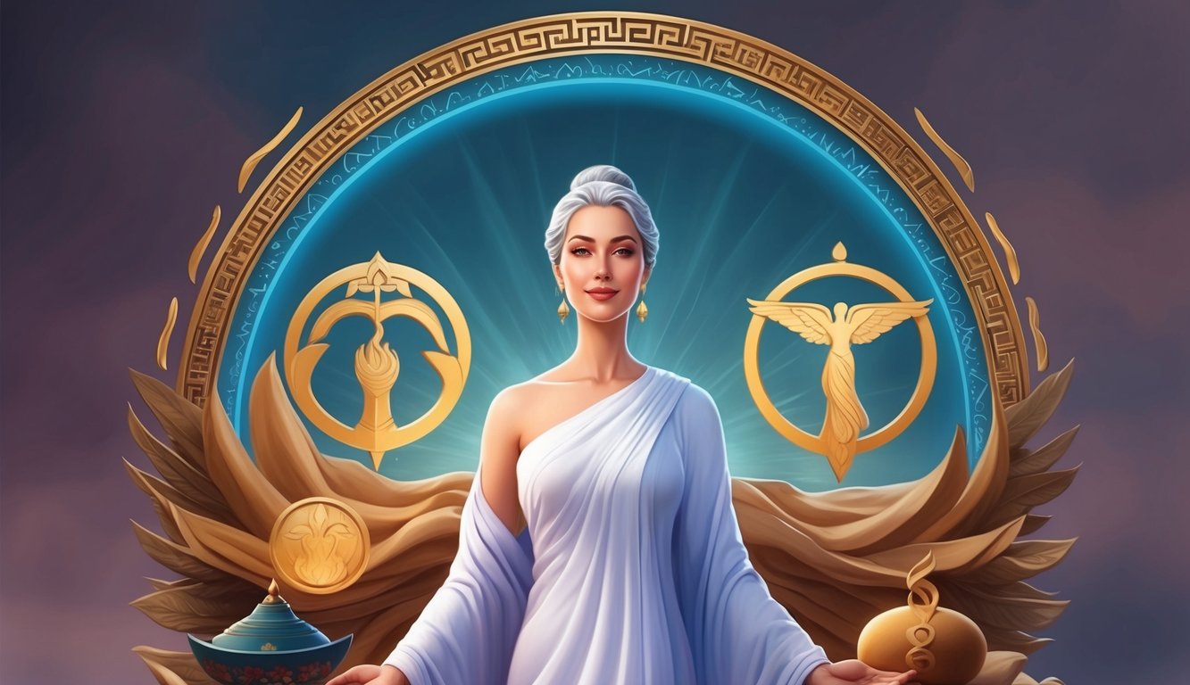 A serene woman standing confidently, surrounded by symbols of strength and wisdom