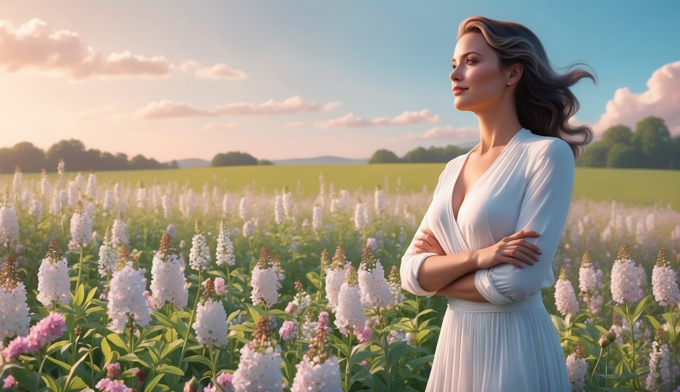 A serene woman stands in a field of blooming flowers, gazing confidently into the distance