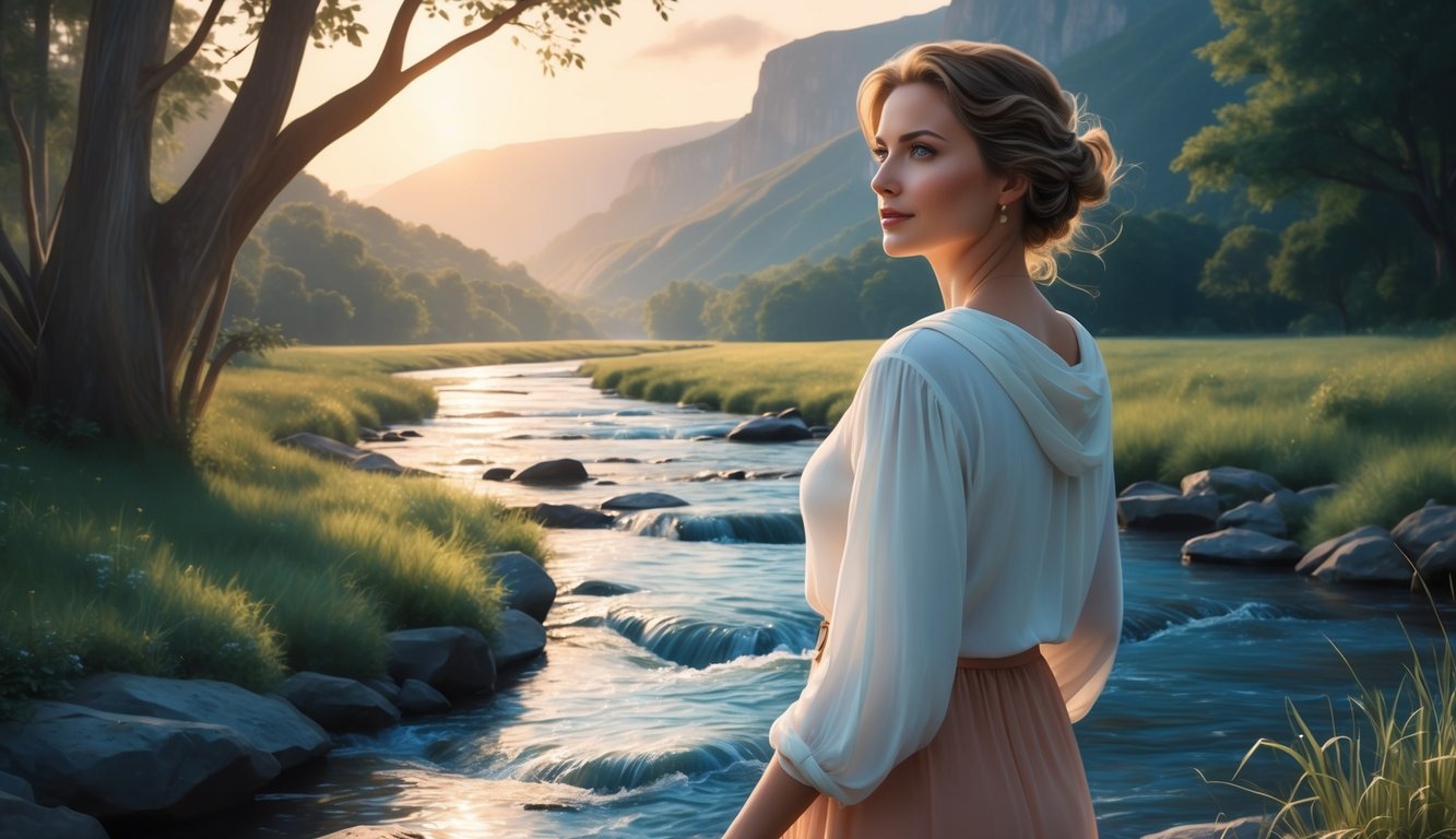 A serene woman standing by a flowing stream, gazing into the distance with confidence and strength