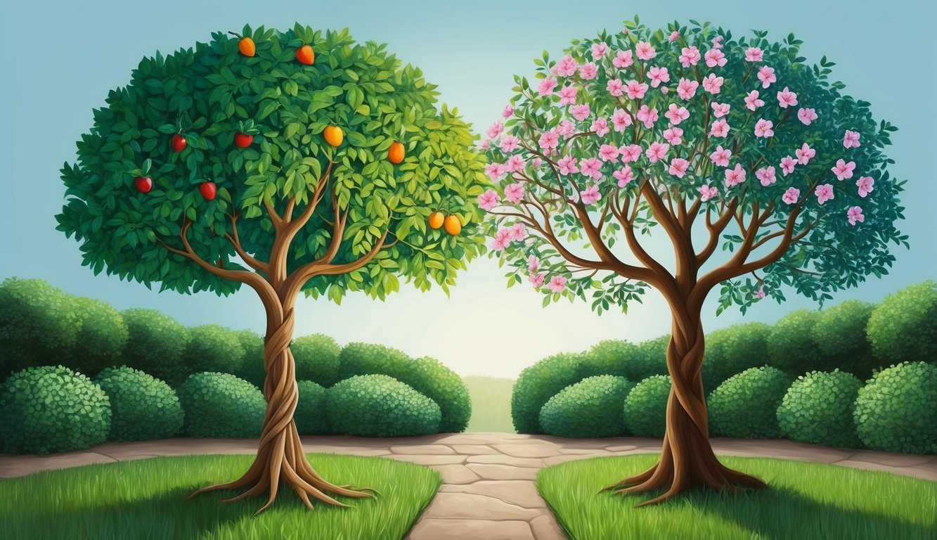 A serene garden with two trees intertwined, one bearing fruit and the other with blossoms, symbolizing forgiveness and reconciliation