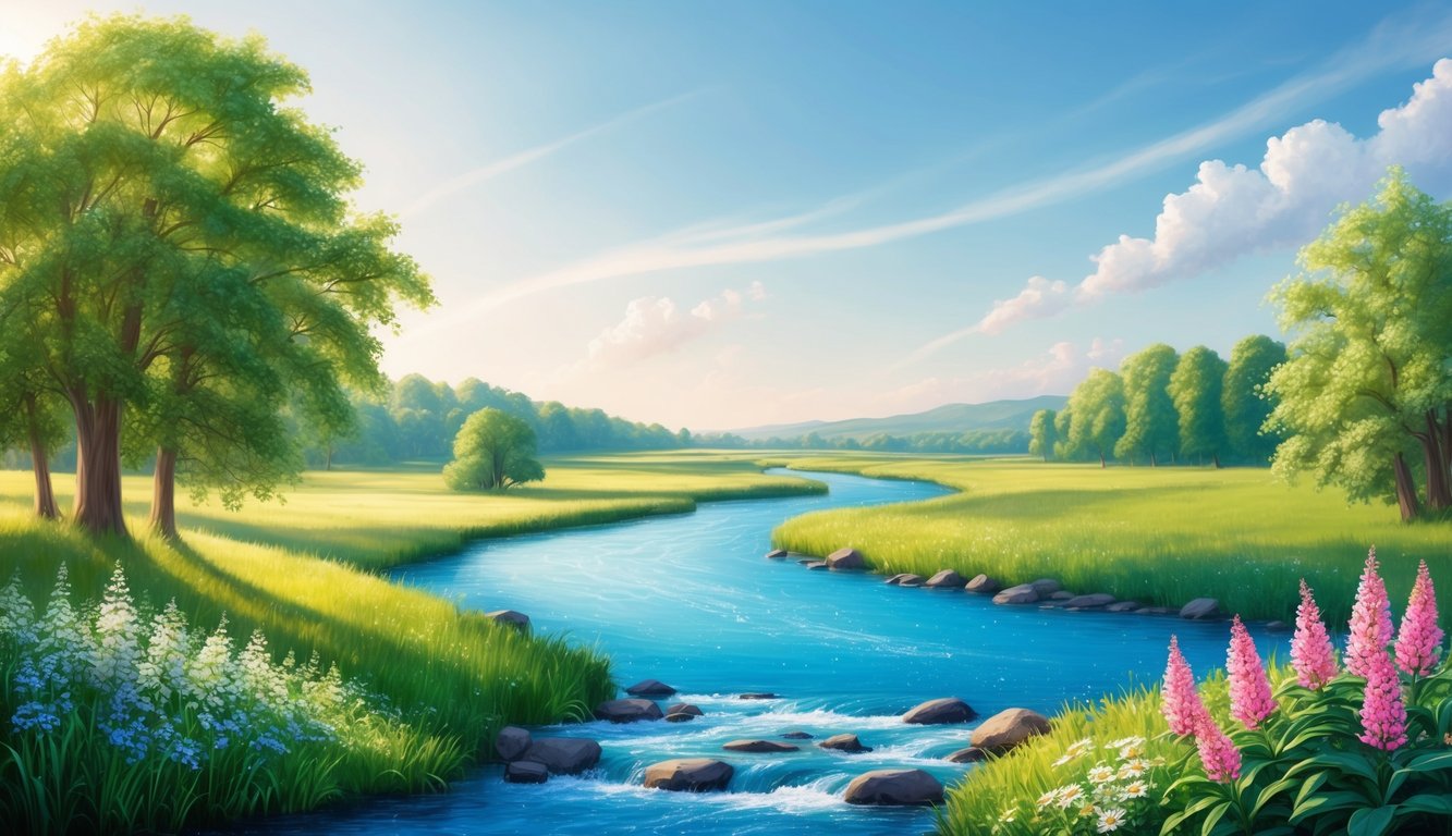 A serene landscape with a clear sky and a flowing river, surrounded by lush greenery and vibrant flowers, evoking a sense of peace and forgiveness