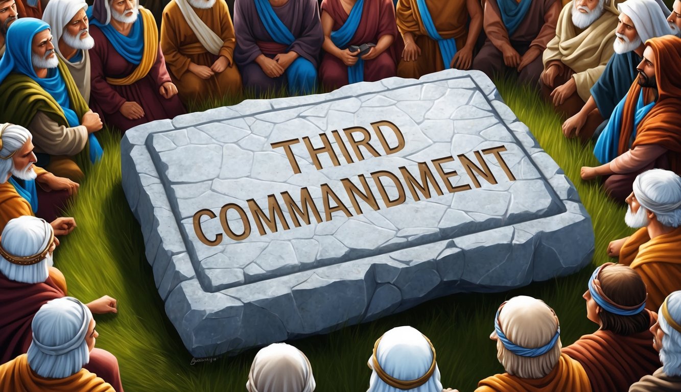 A stone tablet with the third commandment engraved, surrounded by a crowd of ancient people