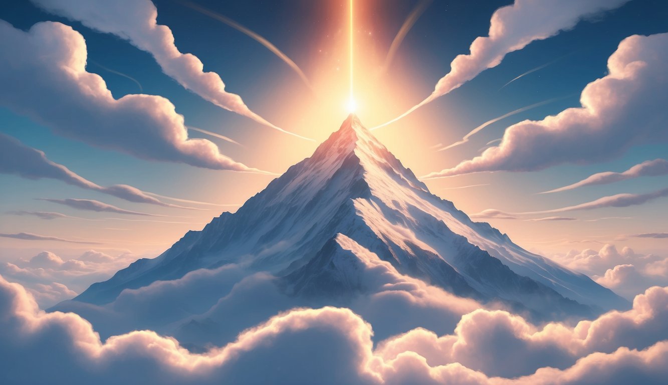 A serene mountain peak with a glowing aura, surrounded by swirling clouds and rays of light