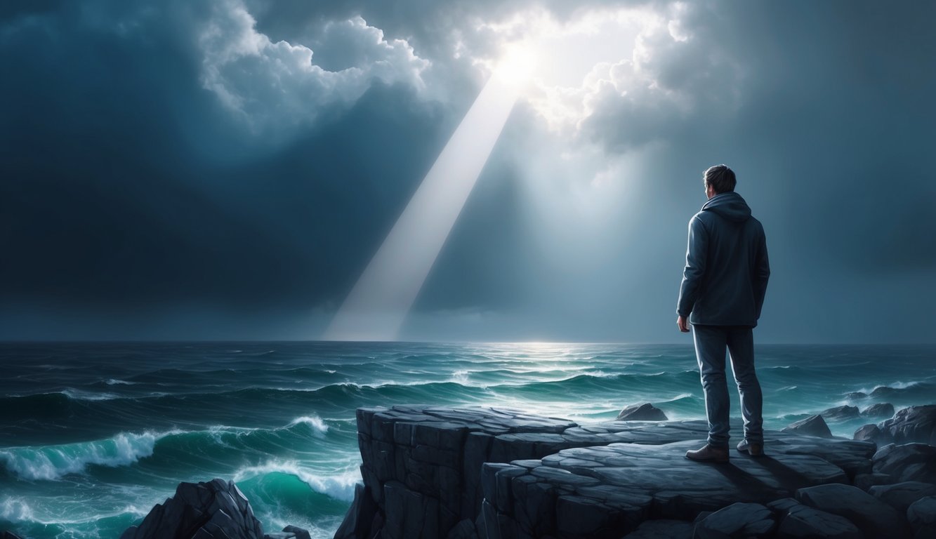 A lone figure stands on a rocky cliff, gazing out at a stormy sea.</p><p>A beam of light breaks through the clouds, illuminating the figure in a moment of quiet strength