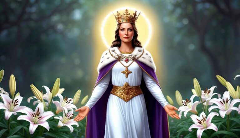 Woman in crown and cape, surrounded by lilies, with a golden halo