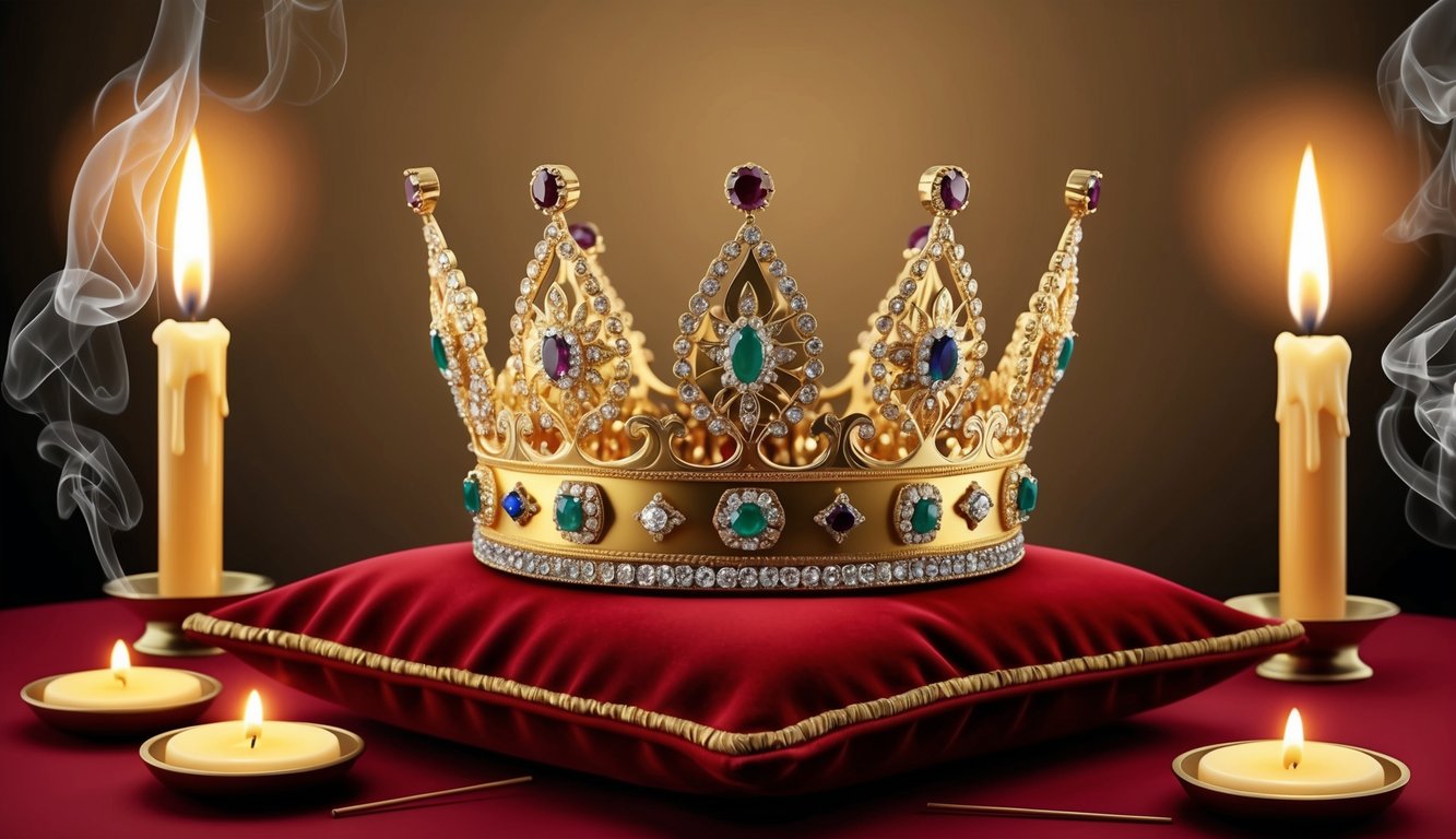 A golden crown encrusted with jewels rests on a velvet cushion, surrounded by flickering candles and fragrant incense