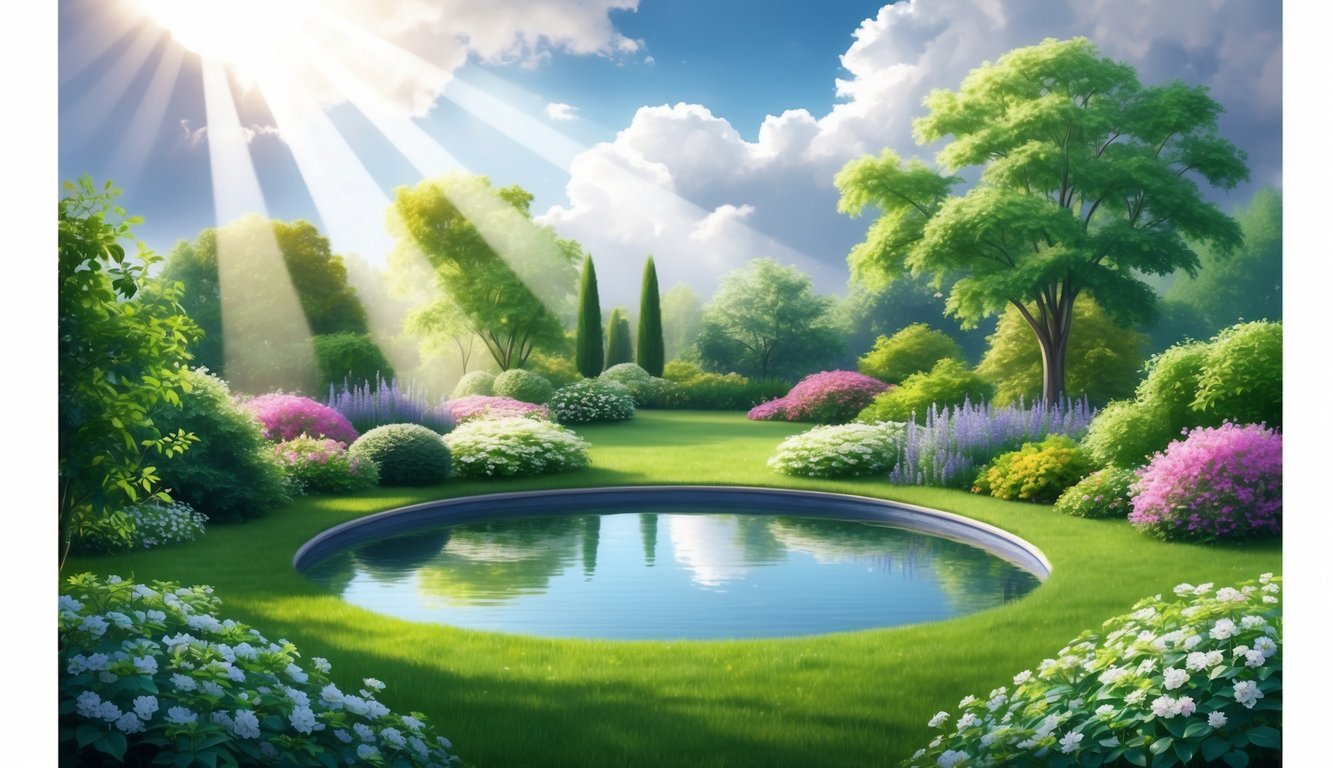 A peaceful garden with a serene pond, surrounded by blooming flowers and lush greenery, with rays of sunlight breaking through the clouds above