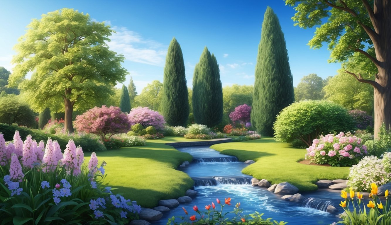 A serene garden with a flowing stream, surrounded by blooming flowers and towering trees, under a clear blue sky