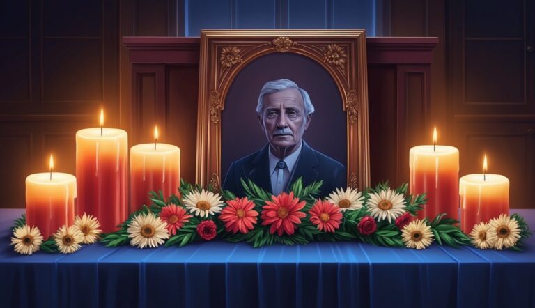 Memorial portrait with candles and flowers on a blue draped table
