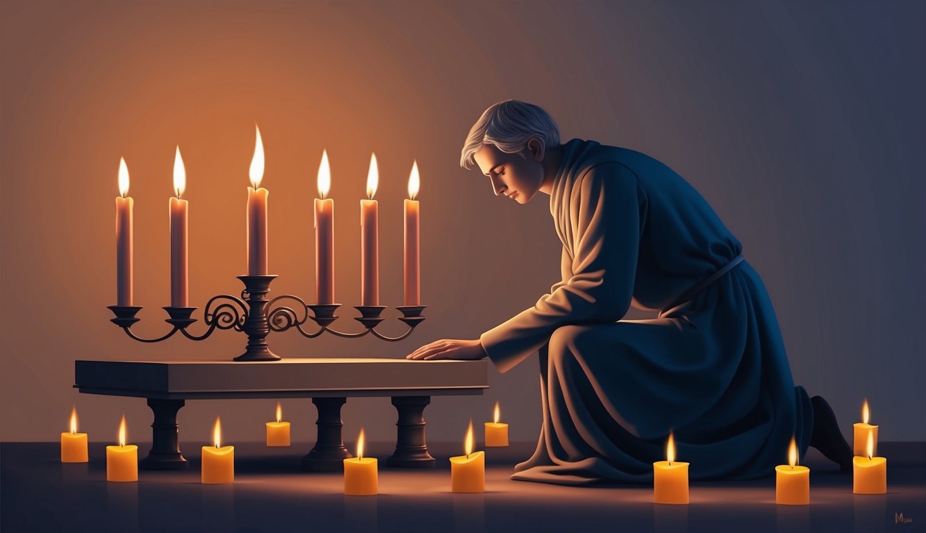 A solitary figure kneels before a candle-lit altar, surrounded by nine lit candles, in deep contemplation