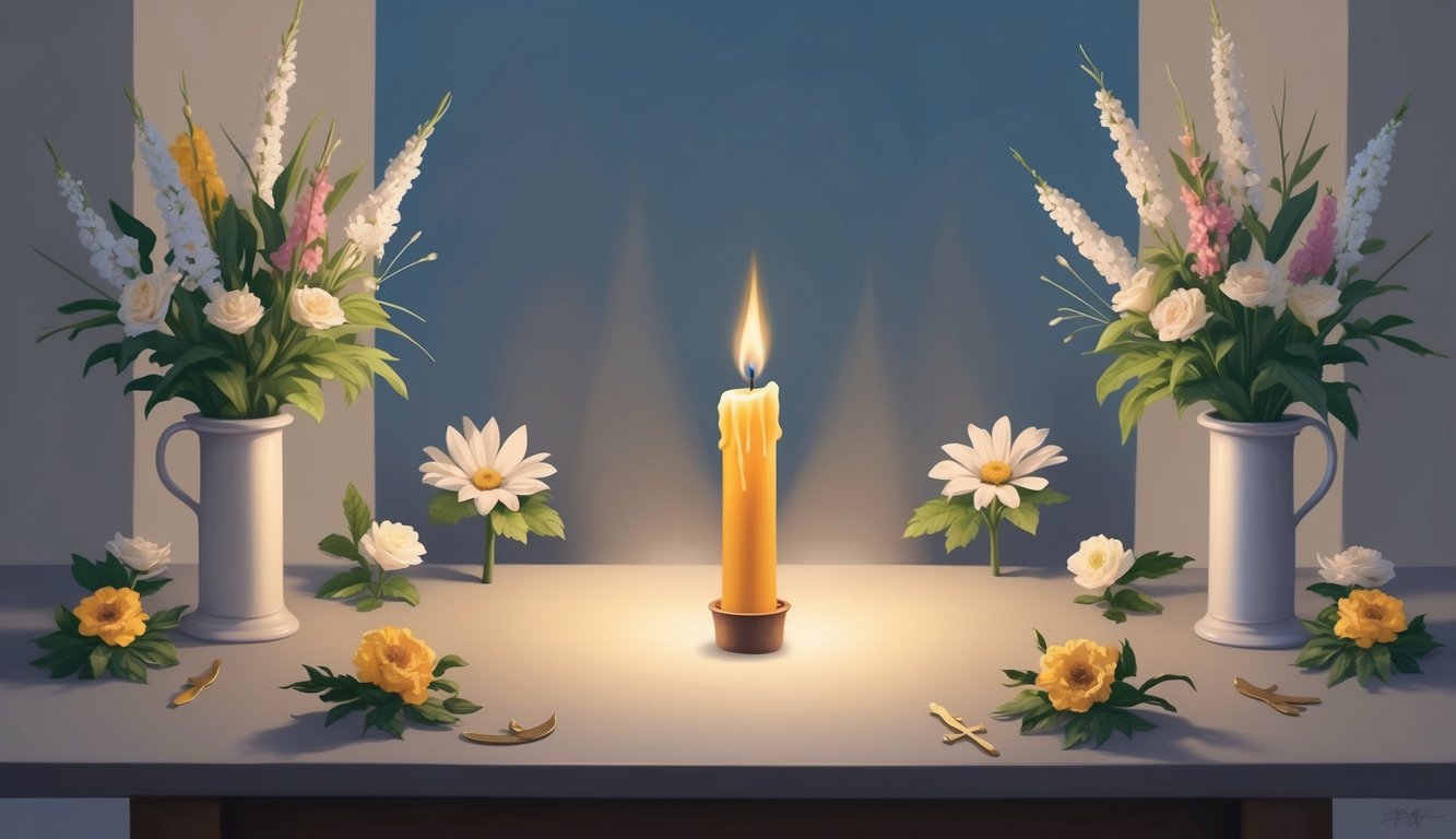 A solitary candle burns on a simple altar, surrounded by flowers and symbols of hope, as a sense of peace and intercession fills the air