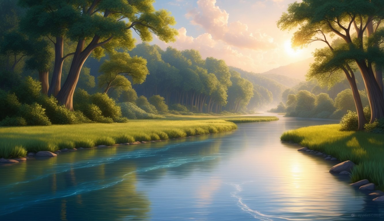 A serene landscape with a tranquil river flowing through a lush forest, bathed in warm sunlight, evoking a sense of peace and faith