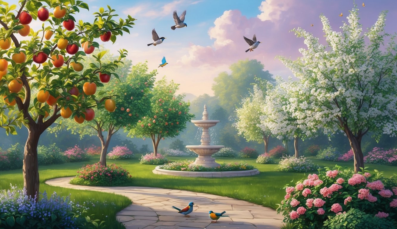 A serene garden with blooming fruit trees, birds chirping, and a gentle breeze symbolizing peace in believers' lives