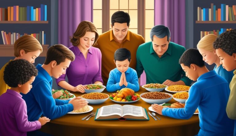 Family praying over a meal with a Bible on the table