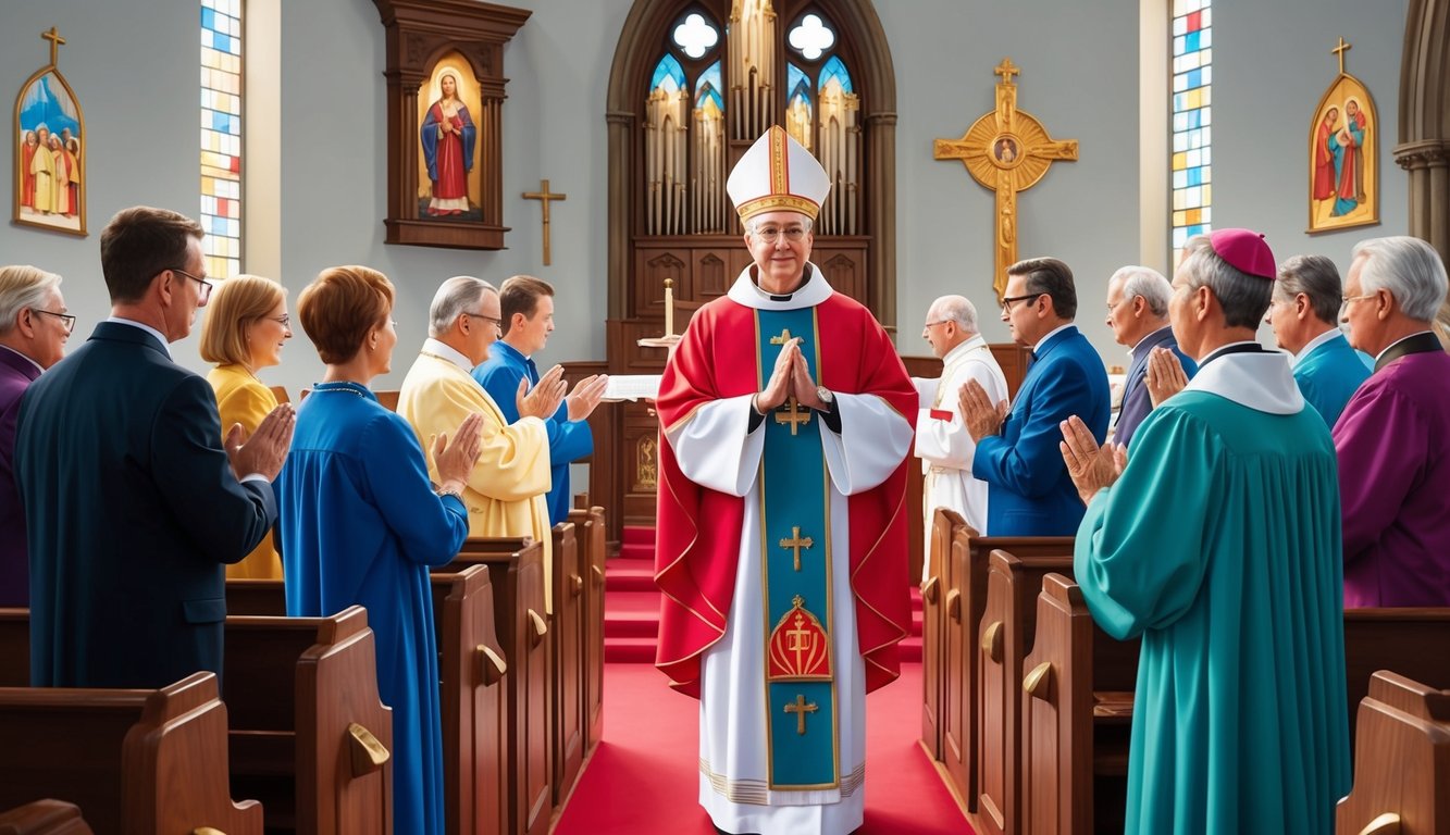 A catholic deacon leading a community prayer service in a church, surrounded by parishioners and symbols of faith