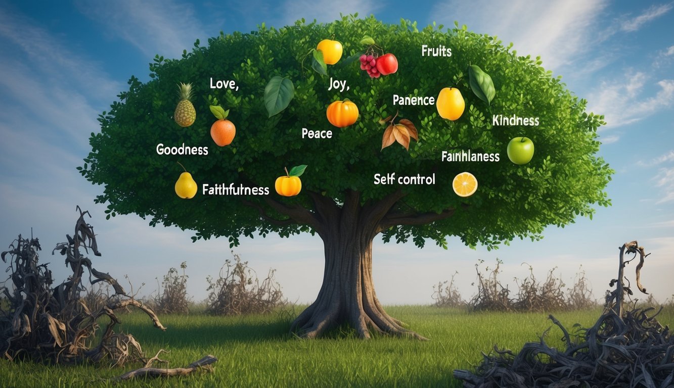 A lush tree bearing fruits of love, joy, peace, patience, kindness, goodness, faithfulness, gentleness, and self-control, surrounded by withered and decaying plants