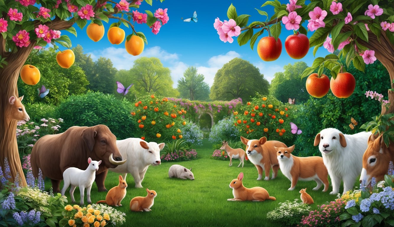 A lush garden with blooming flowers and ripe fruit hanging from the branches, surrounded by peaceful animals coexisting harmoniously