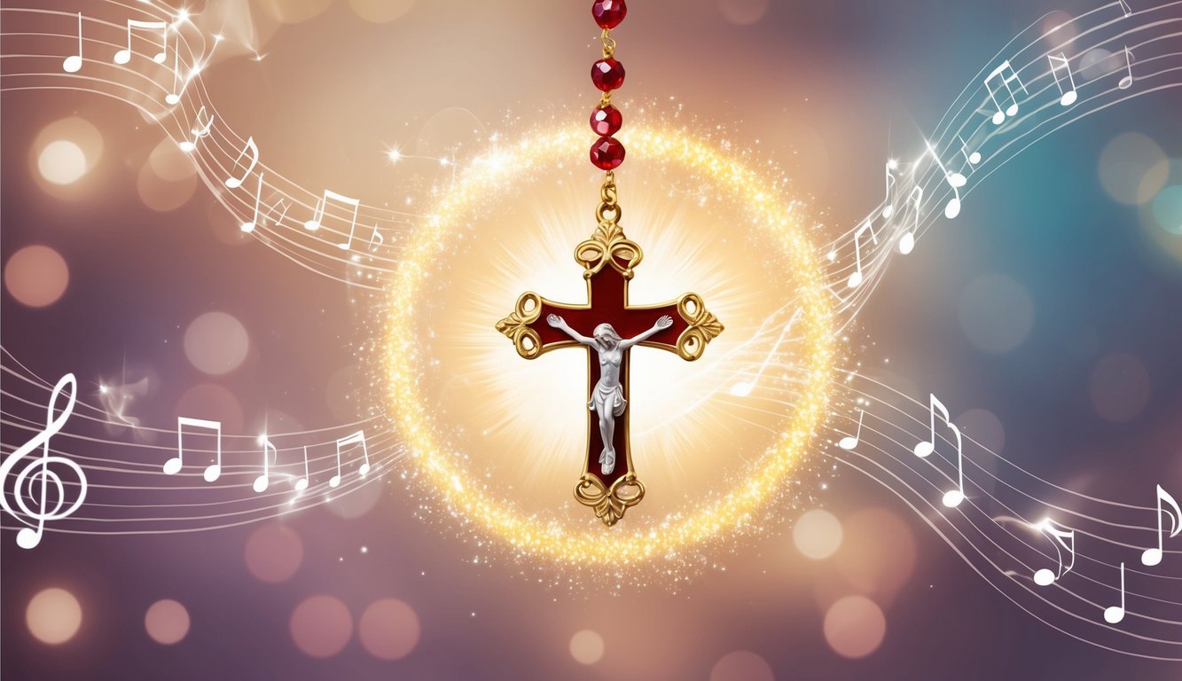 A glowing rosary surrounded by shimmering light and delicate, ethereal music