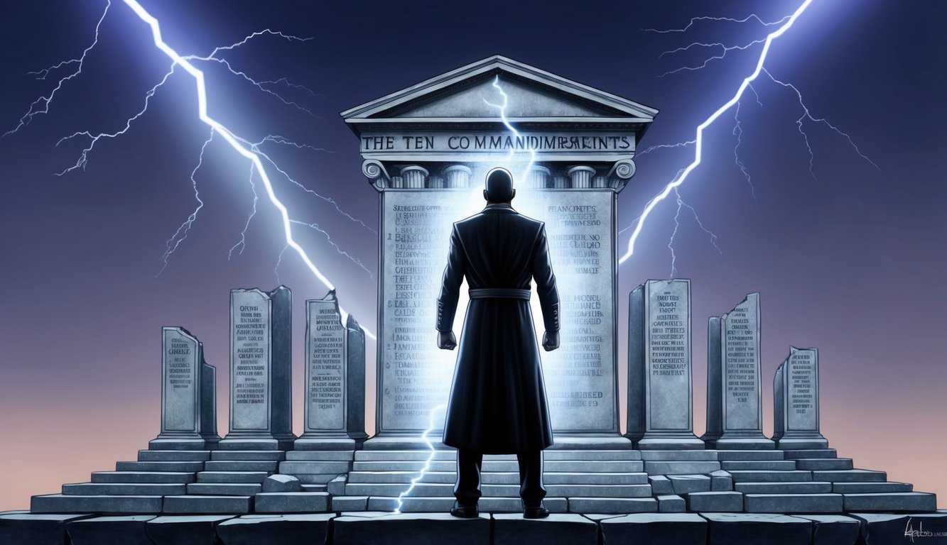 A shadowy figure stands over a broken statue of the Ten Commandments, with the sixth commandment highlighted.</p><p>Lightning flashes in the background