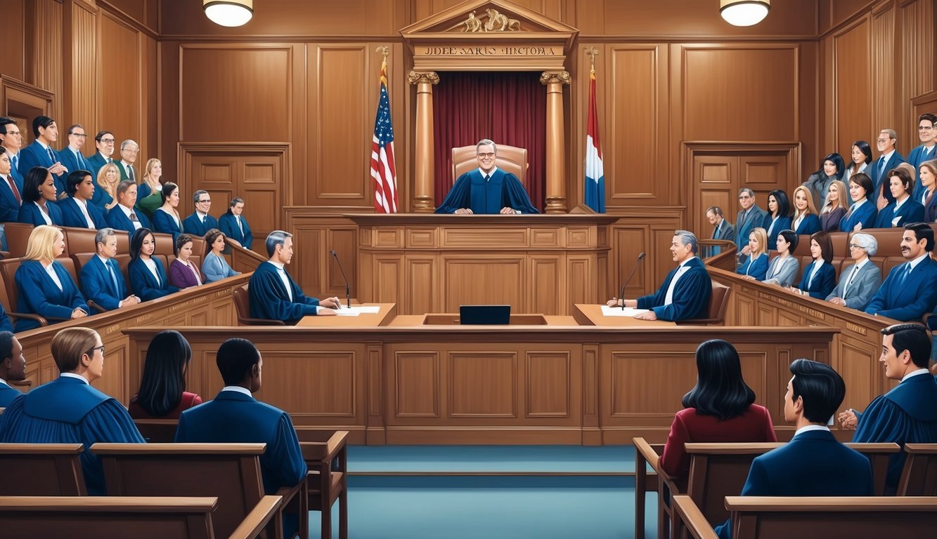 A courtroom with a judge's bench, witness stand, and gallery filled with people