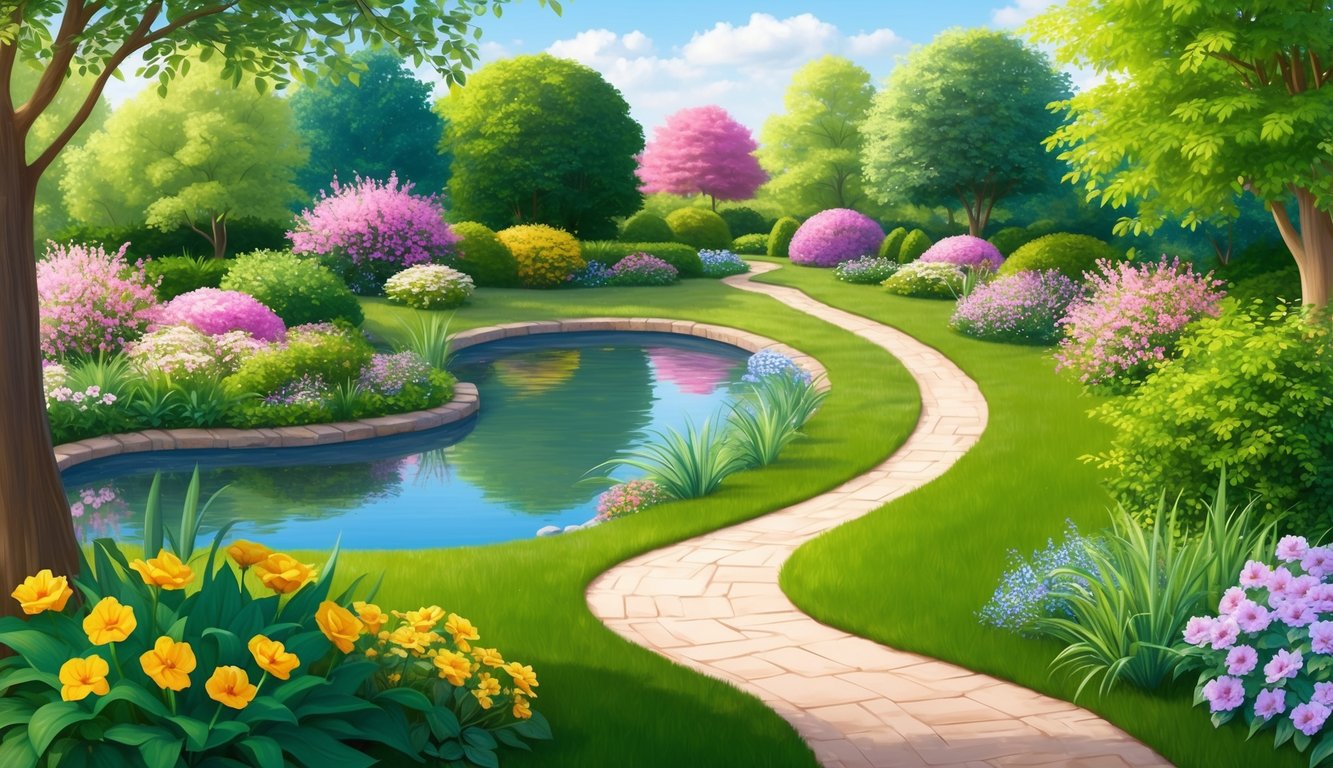 A peaceful garden with a winding path leading to a tranquil pond surrounded by blooming flowers and lush greenery