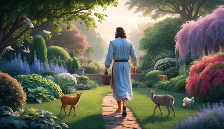 Man in white robe walks through a garden with deer and birds