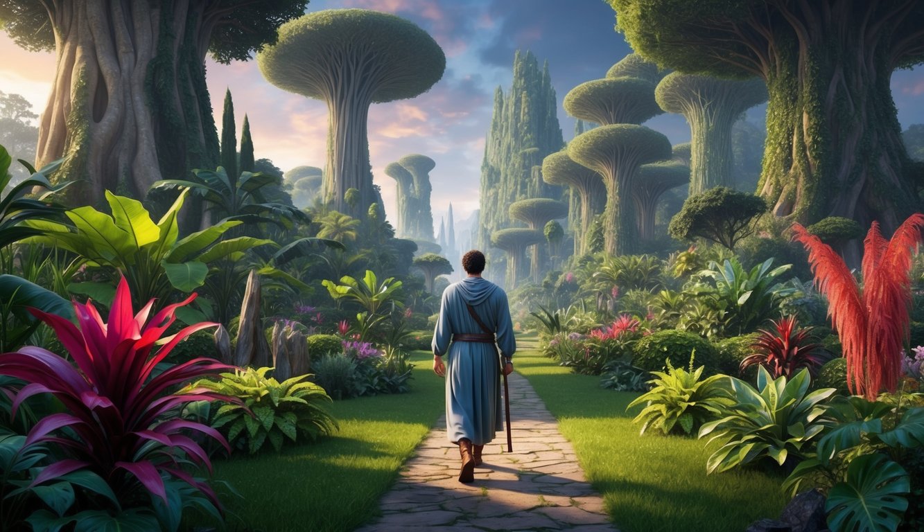 Enoch walking through a lush, otherworldly garden, surrounded by towering trees and vibrant, exotic plants