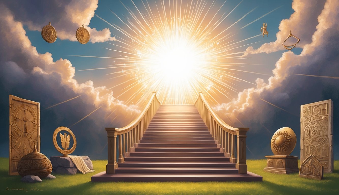 A radiant staircase connecting heaven and earth, surrounded by ancient symbols and artifacts representing Enoch's enduring influence on faith and culture