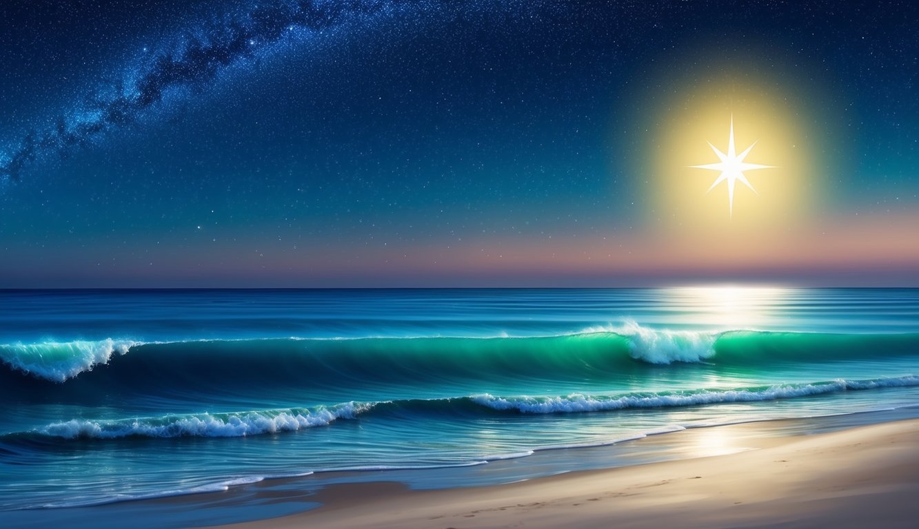 A serene ocean with a starry night sky above, waves gently lapping against the shore, and a bright shining star illuminating the scene