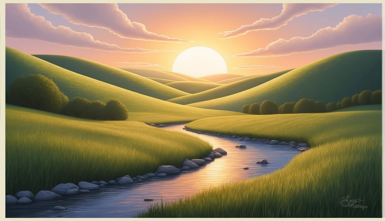 A serene landscape with a glowing sunrise over rolling hills and a peaceful stream