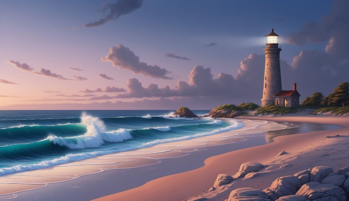 A serene beach at dusk, with waves crashing and a lone, ancient lighthouse standing tall against the fading light