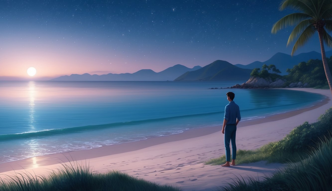 A serene beach at dusk, with a lone figure standing by the shore, gazing out at the calm, starlit sea